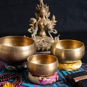 Chakra Hand Beaten Tibetan Singing Bowl Sets - Himalayan Meditation Singing Bowl Set from Nepal - Tibetan Singing bowl Set of 3