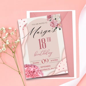 Editable 18th Birthday Invitation for Her - Blush Pink Floral Quinceañera Invite - Elegant Girl’s 18th Debut Digital Download