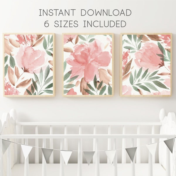 Rosa Floral Aquarell Kinderzimmer Wand Kunst 3er Set Printables Abstrakte moderne minimalistische Vintage Drucke Sofortiger digitaler Download