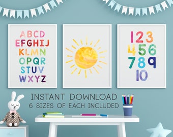 Playroom Wall Decor Alphabet Sun Numbers Watercolor Rainbow Nursery Wall Art Set of 3 Printables Playroom Art Prints Digital Download