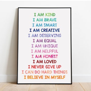 Playroom Wall Art Watercolor Rainbow Affirmations Nursery Prints I am Smart Equal Deserving Loved Kind I Can Do Hard Things Digital Download