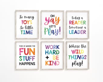 Kids Wall Art Be Kind Rainbow Wild Things Read Work Hard Fun Stuff Yay Let's Play Watercolor Nursery Playroom Classroom Digital Download