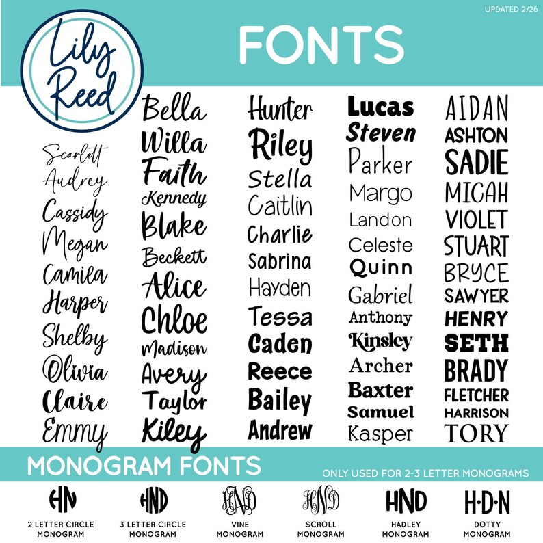 a collection of monogram fonts, including various letter circles and monograms, which are used for 2-3 letter monograms. The fonts are organized in a way that allows for easy identification and selection based on the desired monogram.