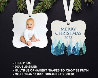 Photo Ornament Personalized Christmas Ornament Holiday Memorial Wedding Baby Family Engagement Pet Home Teacher Realtor Gift Blue Trees #417
