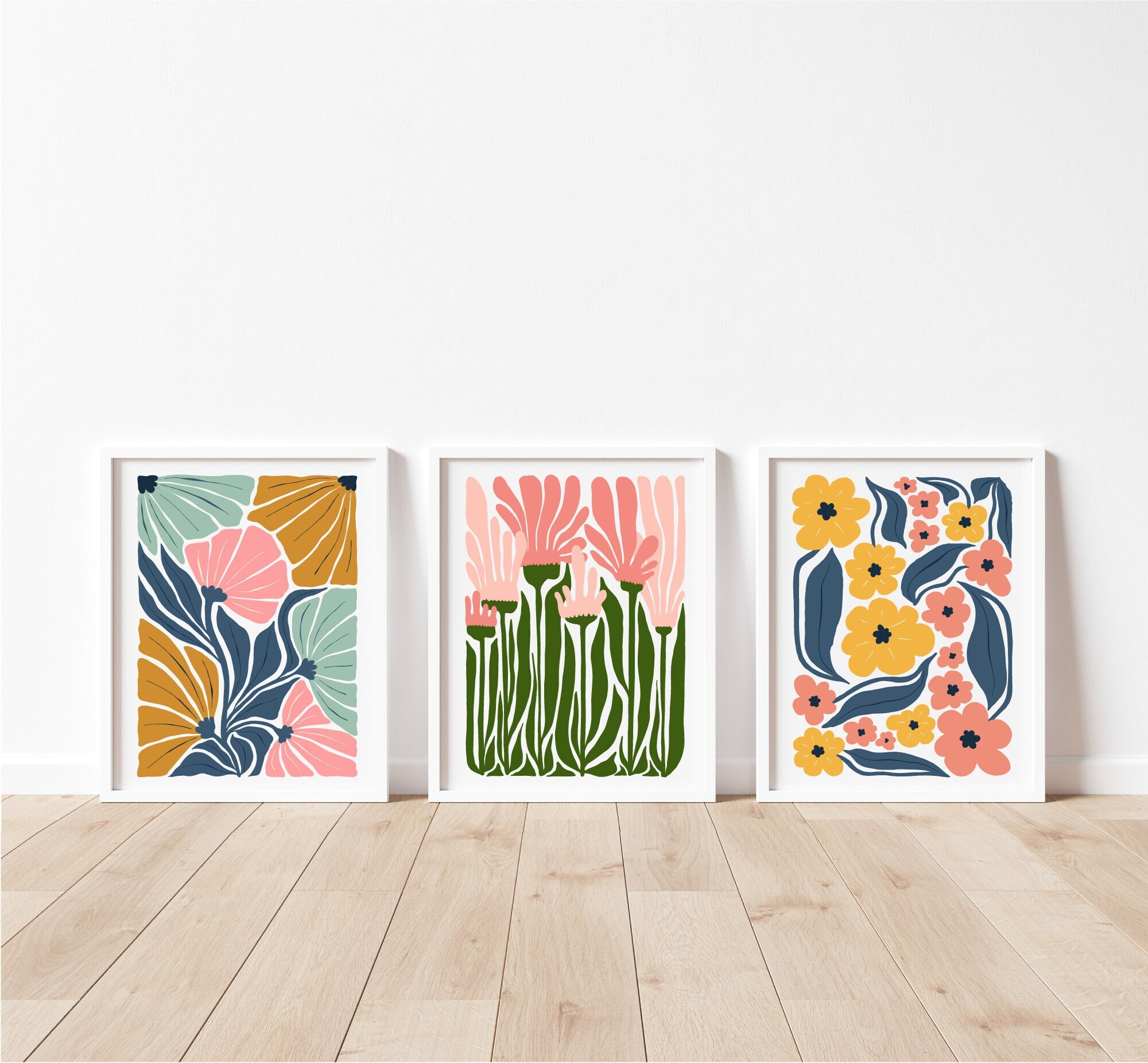 Abstract Floral Wall Art Set of 3 - Modern Flowers Botanical Prints ...