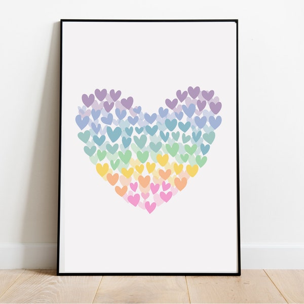Heart of Hearts Pastel Rainbow Playroom Decor Nursery Print Wall Art Digital Image Home School Instant Download