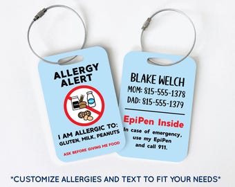 Custom Allergy Alert Bag Tag - Personalized Food Environmental Allergy Luggage Tag - Medical Allergy Alert School Backpack Lunch ID Tag