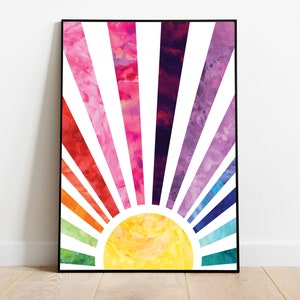 Regenbogen Sonne Poster - Spielzimmer Vorschule Zeichen Kindergarten Klassenzimmer Homeschool Montessori Aquarell Wand Kunst sofortiger Download