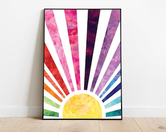 Rainbow Sun Colorful Watercolor Playroom Classroom Decor Bright Baby Nursery Sun Ray Print Modern Wall Art Digital Image Instant Download