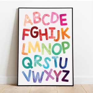 Happy Alphabet Colorful Watercolor Rainbow Playroom Decor Bright Baby Nursery Print Modern Wall Art Digital Image Instant Download