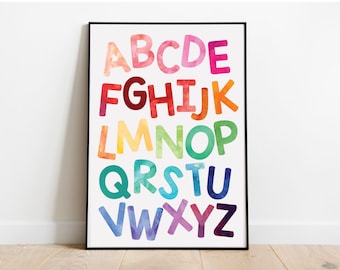 Preschool Happy Alphabet Educational Poster - Playroom Sign Kindergarten Classroom Homeschool Montessori Watercolor Art Instant Download