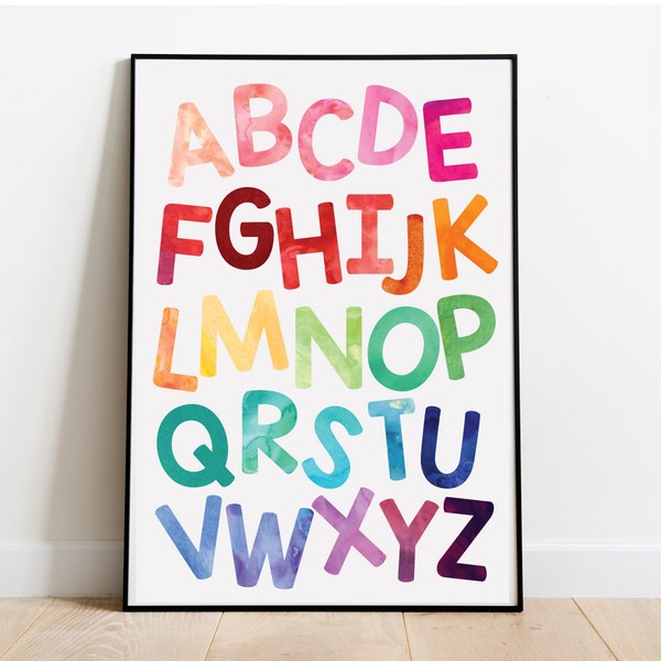 Happy Alphabet Colorful Watercolor Rainbow Playroom Decor Bright Baby Nursery Print Modern Wall Art Digital Image Instant Download