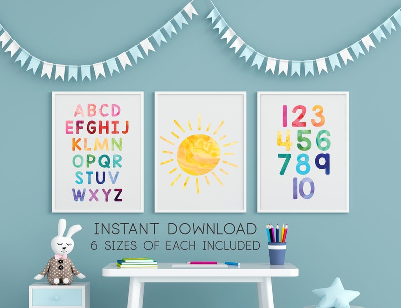 Playroom Wall Decor Alphabet Sun Numbers Watercolor Rainbow Nursery Wall Art Set of 3 Printables Playroom Art Prints Digital Download 