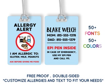 Allergy Tag Food Allergy Allergen Custom Luggage Tag Personalized Monogram Bag Tag Backpack Tag Name Tag Travel School Bag Tag Kids ID #303