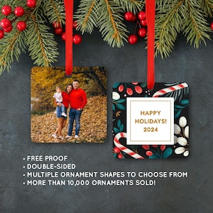 Custom 2 sided Photo Ornament Double Sided Christmas Memorial Wedding Baby Engagement Pet Home Teacher Realtor Candy Cane Design FREE PROOF