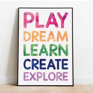 Play Dream Learn Create Explore Educational Colorful Watercolor Rainbow Playroom Decor Nursery Print Wall Art Digital Image Instant Download