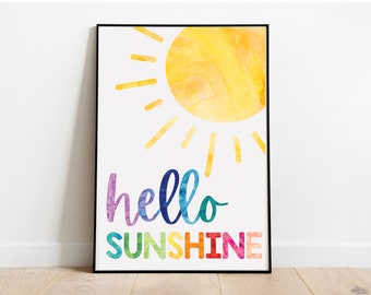 Hello Sunshine Colorful Watercolor Rainbow Playroom Decor Nursery Print Wall Art Digital Image Home School Instant Download
