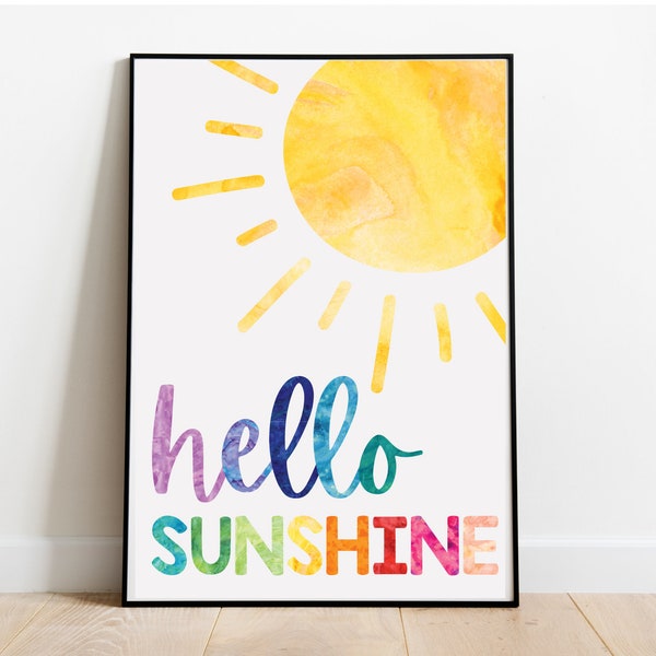 Hello Sunshine Colorful Watercolor Rainbow Playroom Decor Nursery Print Wall Art Digital Image Home School Instant Download