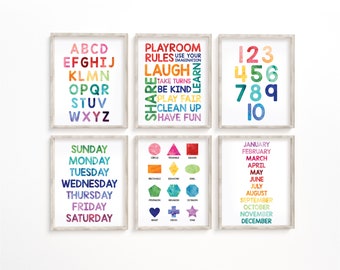 Playroom Educational Wall Art Alphabet Numbers Shapes Playroom Rules Days Months Set of 6 Watercolor Nursery Prints Digital Download #1002