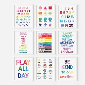 Set med 9 akvarellbilder för lekrum, alfabetet, siffror, färger, väder, former, månader, dagar, var snäll, väggkonst, digital nedladdning #1003