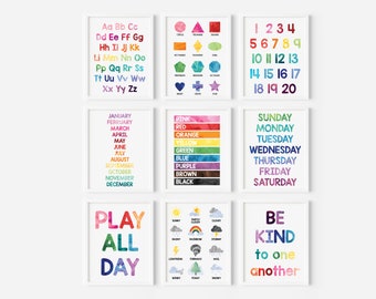 Set of 9 Playroom Watercolor Educational Images Alphabet Numbers Colors Weather Shapes Months Days Be Kind Wall Art Digital Download #1003