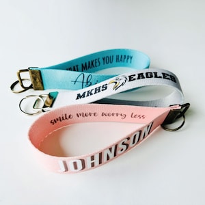 Custom Key Chain Wristlet - Wrist Key FOB Lanyard Luggage Tag - Name or Quote - Monogrammed Organization School Colors Team Fundraiser