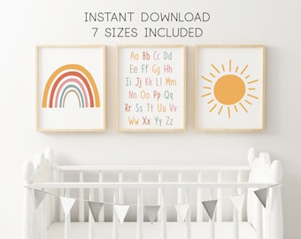 Rainbow Alphabet Sun Nursery Wall Art Set of 3 Printables Abstract Modern Minimalist Boho Sunshine Prints Instant Digital Download