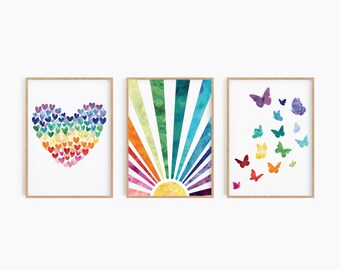 Playroom Wall Decor Hearts Butterflies Sun Watercolor Rainbow Nursery Wall Art Set of 3 Printables Playroom Art Prints Digital Download