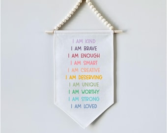 Affirmations Hanging Sign Pennant Flag - Children's Room Decor - Kids Playroom Nursery Banner - Custom Baby Gift Wall Art