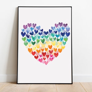 Heart of Hearts Colorful Watercolor Rainbow Playroom Decor Nursery Print Wall Art Digital Image Home School Instant Download