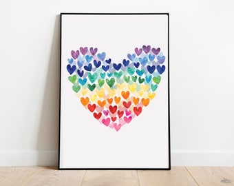 Heart of Hearts Colorful Watercolor Rainbow Playroom Decor Nursery Print Wall Art Digital Image Home School Instant Download