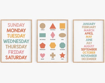 Playroom Wall Art Months of the Year Days of the Week Shapes Set of 3 Watercolor Nursery Prints Digital Download