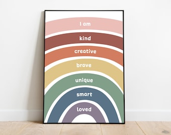 Rainbow Affirmations Positive Playroom Baby Nursery Print Wall Art for Kids I am Kind Creative Brave Unique Smart Loved Digital Download