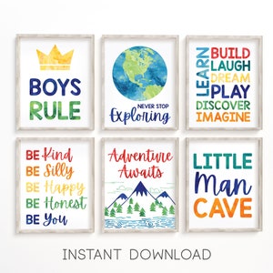 Playroom Wall Art Boys Rule Little Man Cave Never Stop Exploring Be Kind Adventure Awaits Set of 6 Watercolor Nursery Print Digital Download