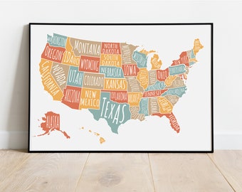 United States Map Playroom Wall Art 50 States USA Map for Kids Gender Neutral Poster Prints Digital Download