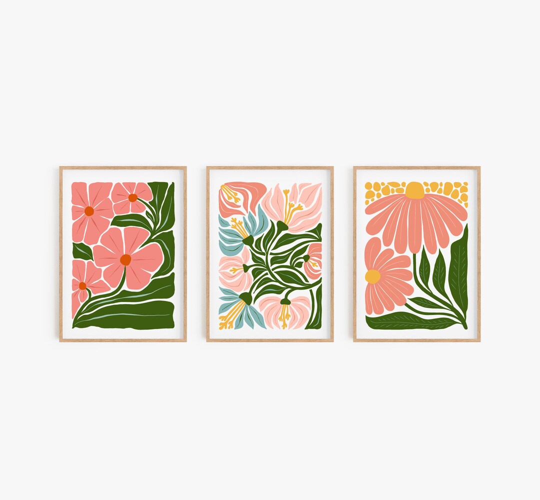 Abstract Floral Wall Art Set of 3 - Modern Flowers Botanical Prints ...