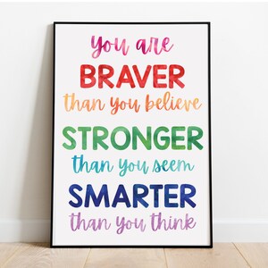 You Are Braver Stronger Smarter Educational Colorful Watercolor Rainbow Playroom Decor Nursery Print Wall Art Digital Image Instant Download