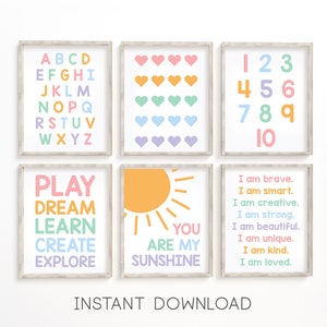 Playroom Pastel Wall Art Alphabet Numbers You Are My Sunshine Numbers Affirmations Hearts Set of 6 Nursery Prints Digital Download #1004