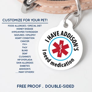 Custom Medical Alert Pet Tag - Allergies Epilepsy Seizures Heart Disease Diabetes Addisons Blind Deaf - Personalized ID for Dogs Cats Puppy