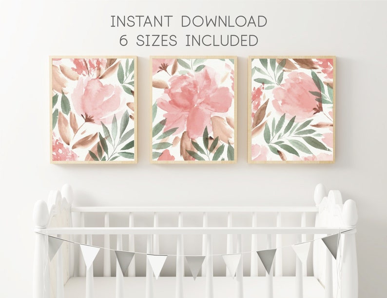 Pink Floral Watercolor Nursery Wall Art Set of 3 Printables | Etsy