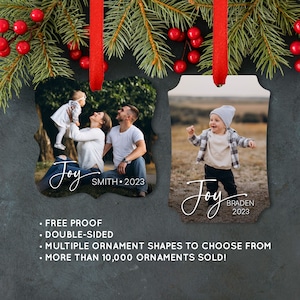 Photo Ornament Personalized Christmas Ornament Holiday Memorial Wedding Baby Family Engagement Pet Home Gift Joy 413 image 1