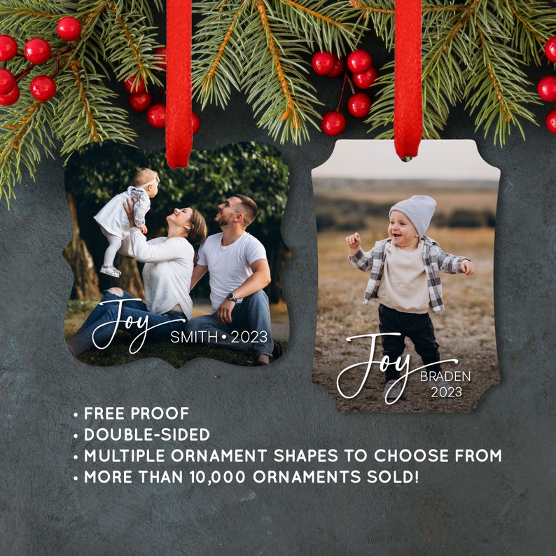 Photo Ornament Personalized Christmas Ornament Holiday Memorial Wedding Baby Family Engagement Pet Home Gift Joy 413 image 1