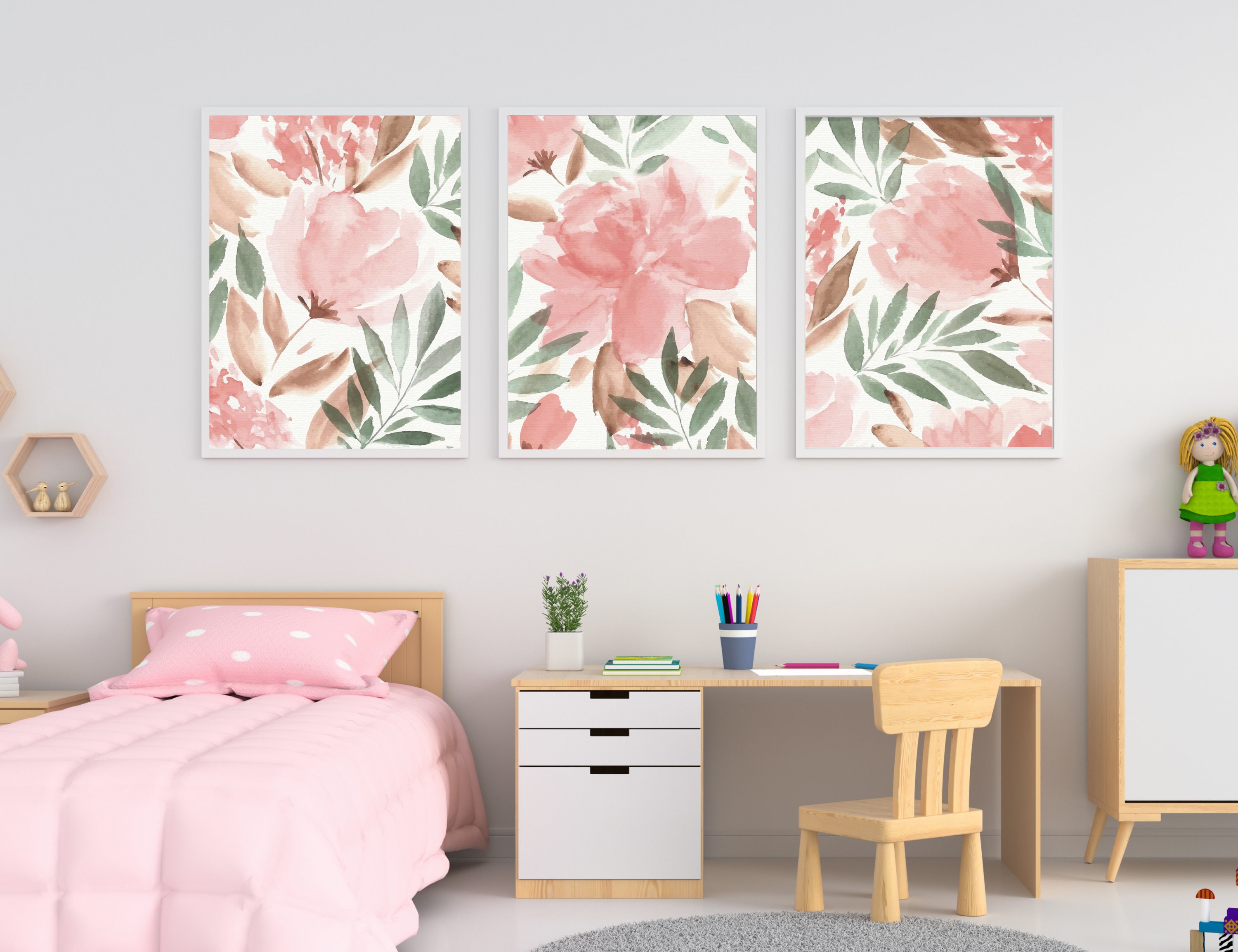 Pink Floral Watercolor Nursery Wall Art Set of 3 Printables Abstract ...