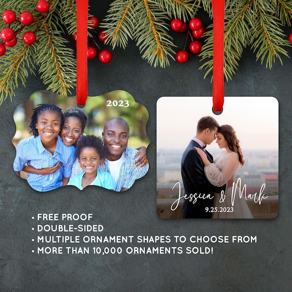 Photo Ornament Personalized Christmas Holiday Memorial Wedding Baby Family Engagement Pet Home Teacher Realtor Gift 2 Photos #400