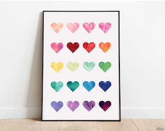 Rainbow Hearts - Playroom Preschool Sign Kindergarten Classroom Homeschool Montessori Watercolor Wall Art Instant Download