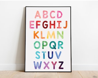 Preschool Alphabet Educational Poster - Playroom Sign Kindergarten Classroom Homeschool Watercolor Wall Art Instant Download