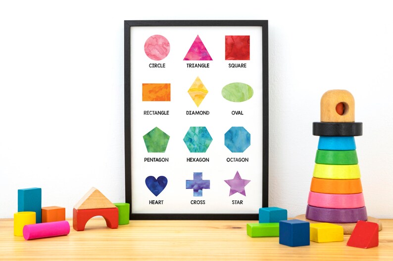 Shapes Playroom Educational Wall Art Watercolor Rainbow Etsy