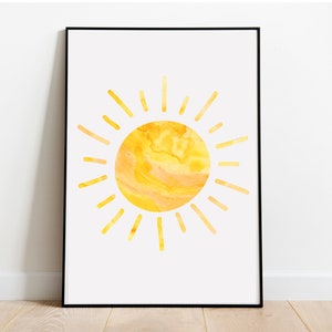 Sun Watercolor Playroom Decor Bright Baby Nursery Print Modern Wall Art Digital Image Instant Download