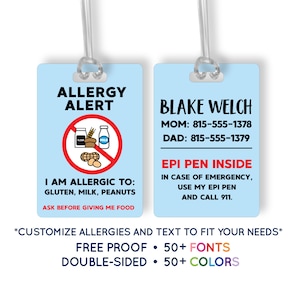 Allergy Tag Food Allergy Allergen Custom Luggage Tag Personalized Monogram Bag Tag Backpack Tag Name Tag Travel School Bag Tag Kids ID #303