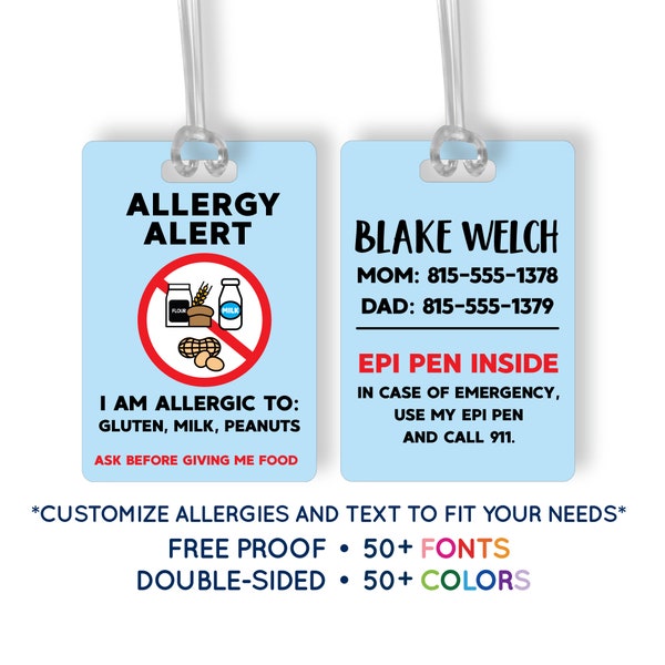 Allergy Tag Food Allergy Allergen Custom Luggage Tag Personalized Monogram Bag Tag Backpack Tag Name Tag Travel School Bag Tag Kids ID #303